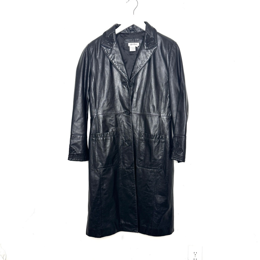 Vintage Tyler Boe Leather Maxi Trench Y2K Floral Embroidery Black Coat